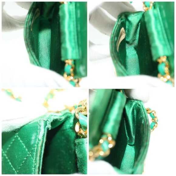 CHANEL Mini Matelasse Chain Pouch Shoulder Bag Satin Green Gold CC Auth 51271A - Picture 15 of 16